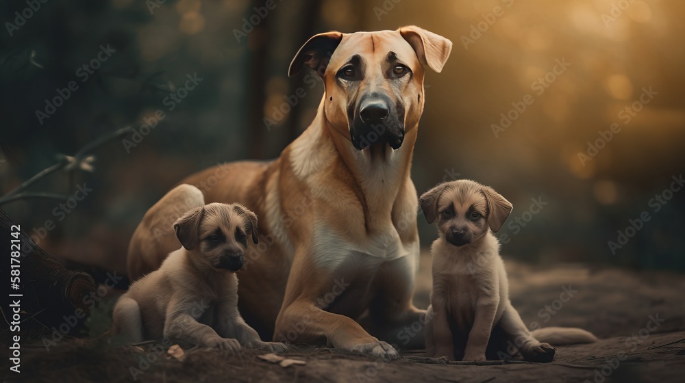 Dog mother and dog child. Mother and child concept. Father and child concept. Generative AI.