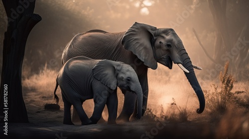 Elephant mother and elephant child. Mother and child concept. Father and child concept. Generative AI.