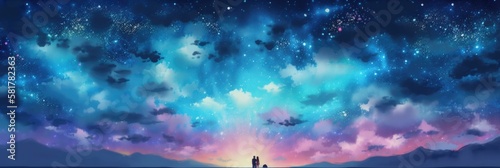 Young couple in love standing on the beach, romantic night under milky way stars, vast panoramic ocean view, summer evening vacation, serenity and peace, enjoying the moment together - generative AI