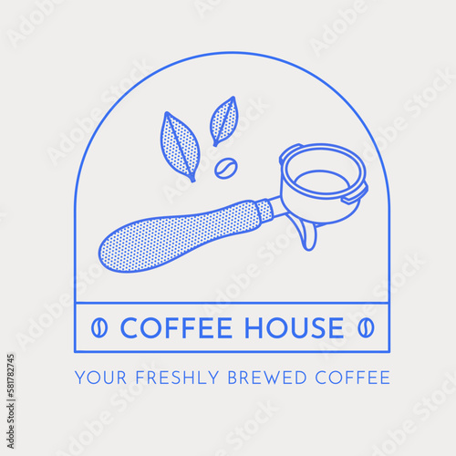 Coffee logo template. Portafilter, coffee bean, and coffee leaves. Line art. Vector illustration for coffee shops, cafes, and restaurants.