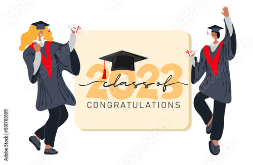 Class of 2023. Happy diverse graduates dancing in academic gown, graduation caps, holding diploma. Students celebrate university graduation.Vector illustration