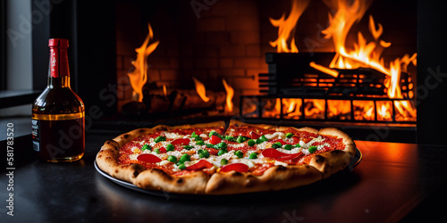 In the background, we can see flames and smoke, adding a touch of drama to the image. In the foreground, we see a delicious-looking pizza with melted cheese and toppings Generative AI
