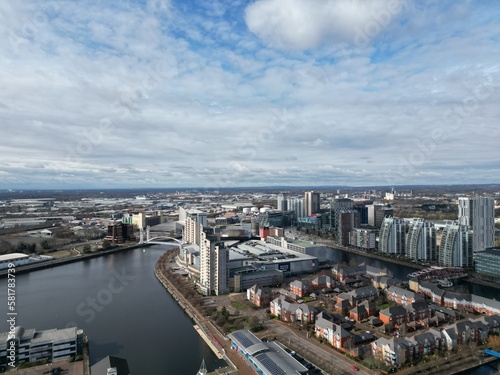 Aerial view of modern buildings and landmarks next to the river. Taken in Salford Quays England.  © ReayWorld