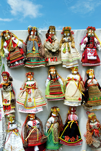 Traditional Ukrainian home-made rag dolls (motankas) in Pirogovo folk fair, Kiev, Ukraine