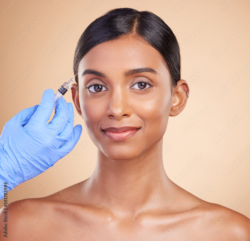 Portrait, smile or Indian woman with injection for plastic surgery, beauty or medical cosmetics in studio. Skincare, dermatology or hand with needle for face lift or facial treatment on happy girl