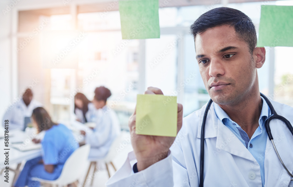 Doctor, man and planning on glass board for hospital management, test notes and phd innovation. Healthcare worker writing ideas of medical research, surgery schedule and medicine logistics in clinic Doctor, man and planning on glass board for hospital management, test notes and phd innovation. Healthcare worker writing ideas of medical research, surgery schedule and medicine logistics in clinic
