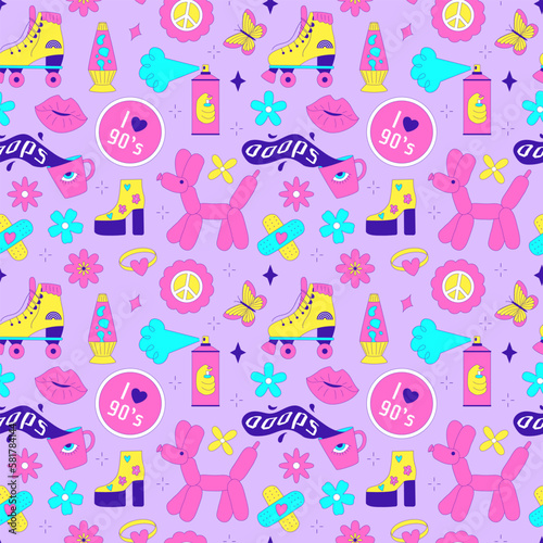 Seamless pattern with y2k style elements. Acidic vivid neon colors. Bright youth pattern with 90 s characters. Roller skates, lava lamp, high platform shoes, inflatable dog. Vector illustration on