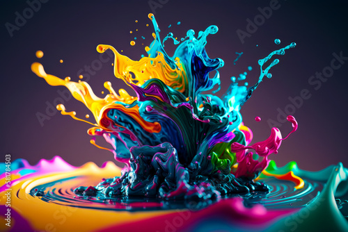 Multicolored liquid splashing into puddle of water on purple background. Generative AI.