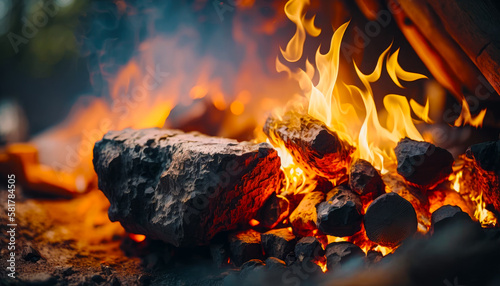 Close up of fire burning in fireplace with rocks and flames in the background. Generative AI.