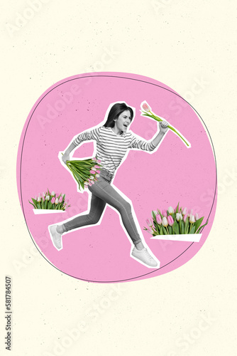 Exclusive magazine picture sketch collage image of funny lady running delivering tulips isolated painting background