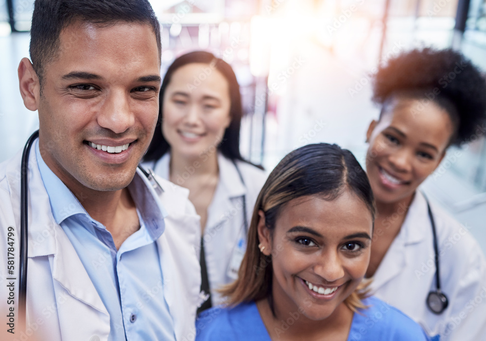 Healthcare, portrait and group selfie of doctors in hospital with pride, smile and clinic teamwork. Happy medical employees, diversity and profile picture to update about us on website, face or trust Healthcare, portrait and group selfie of doctors in hospital with pride, smile and clinic teamwork. Happy medical employees, diversity and profile picture to update about us on website, face or trust