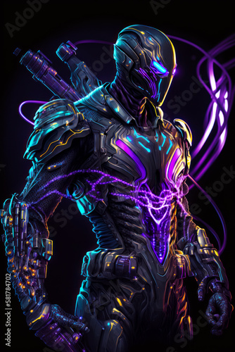 Man in futuristic suit with neon lights on his body and sword in his hand. Generative AI.