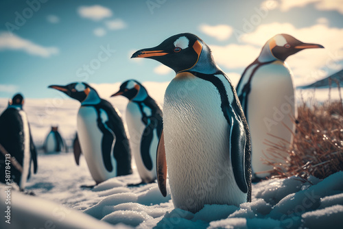 Group of penguins standing on top of pile of snow next to each other. Generative AI.