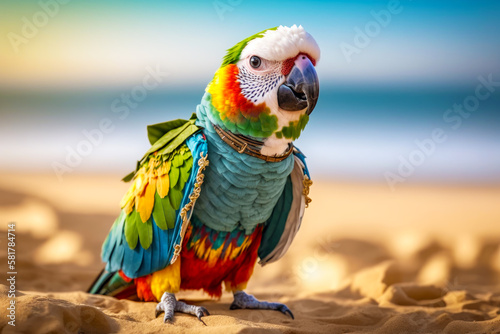Colorful parrot standing on top of sandy beach next to body of water. Generative AI.