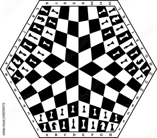 Hexagonal chessboard for three players with chess pieces. Chess pieces in flat style. Silhouettes of chess pieces. Chessboard. Vector illustration of the chess isolated on white background