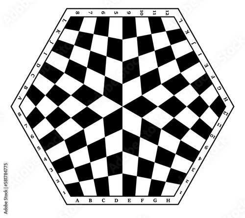 Hexagonal chessboard for three players with chess pieces. Chess pieces in flat style. Silhouettes of chess pieces. Chessboard. Vector illustration of the chess isolated on white background