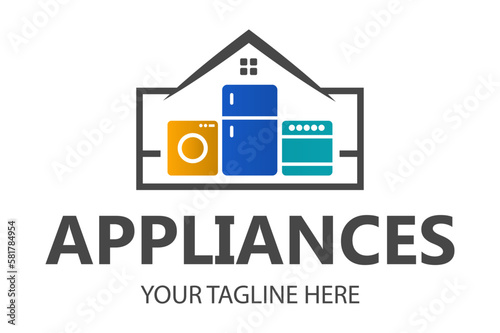 Modern minimalist home appliance store logo. Refrigerator stove and washing machine icon.