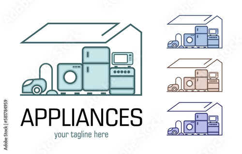 Modern minimalist home appliance store logo. Refrigerator stove and washing machine icon.