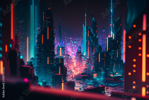 Futuristic cityscape with neon lights and skyscrapers in the background at night. Generative AI.