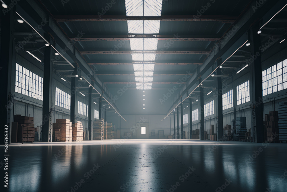 Large warehouse with lots of windows and lots of pallets in the middle of the floor. Generative AI.