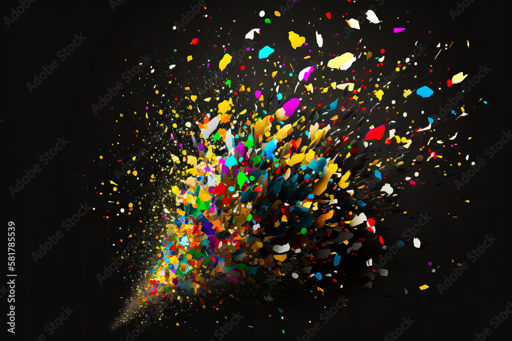 Colorful explosion of confetti and confetti sprinkles on black background. Generative AI.