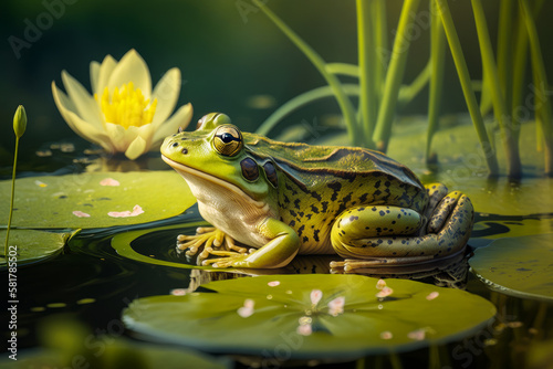 Frog sitting on lily pad in pond with yellow flower in the background. Generative AI. © valentyn640