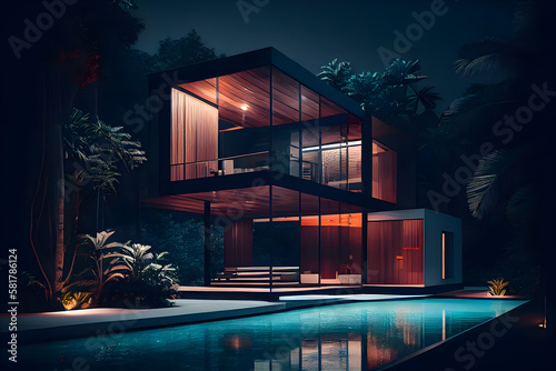 Modern cozy house with pool and parking for sale or rent in luxurious style. Dark night. AI generative