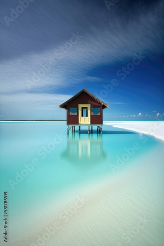 Overwater bungalow. Amazing paradise islands of Maldives. Generative AI © piai