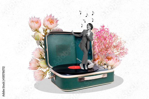 Creative photo design collage template advert sale vintage turntable gramophone vinyl player girl dance isolated on blooming flowers background