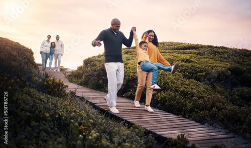 Fotografie Family, walking or sunset with parents, kids and grandparents playing together outdoor in nature