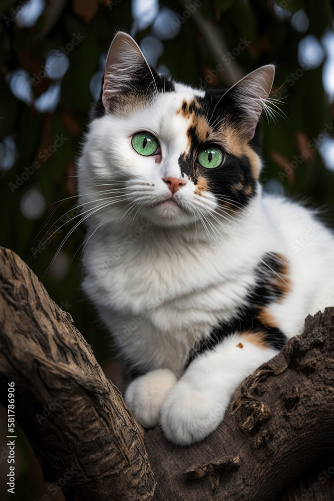 illustration, a white tortosechel cat with green eyes perched, ai generative