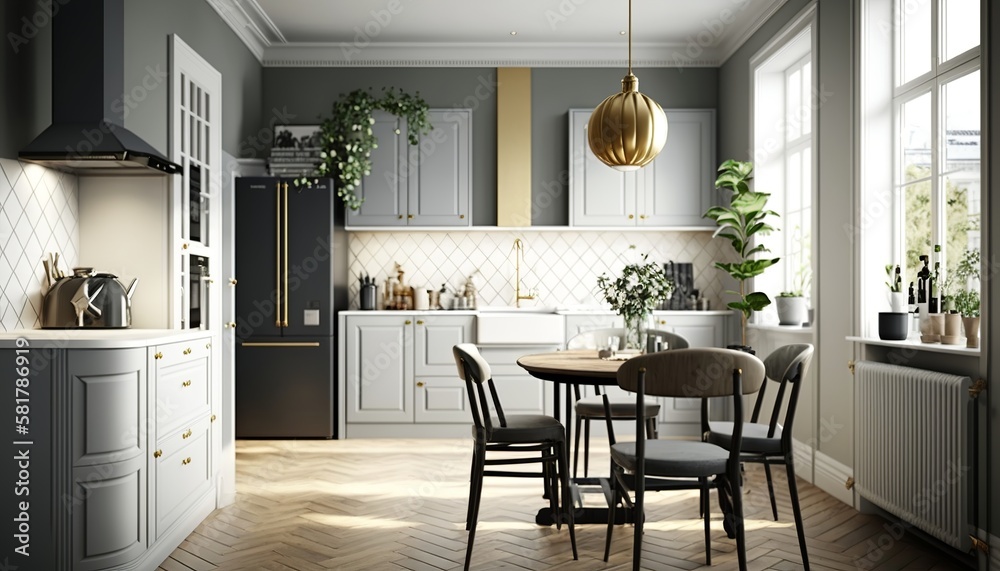 Fototapeta premium Scandinavian interior style luxury kitchen with dining table and fridge. Generative AI