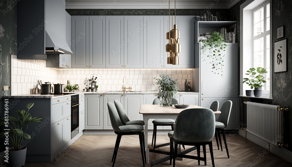 Scandinavian interior style luxury kitchen with dining table and fridge. Generative AI