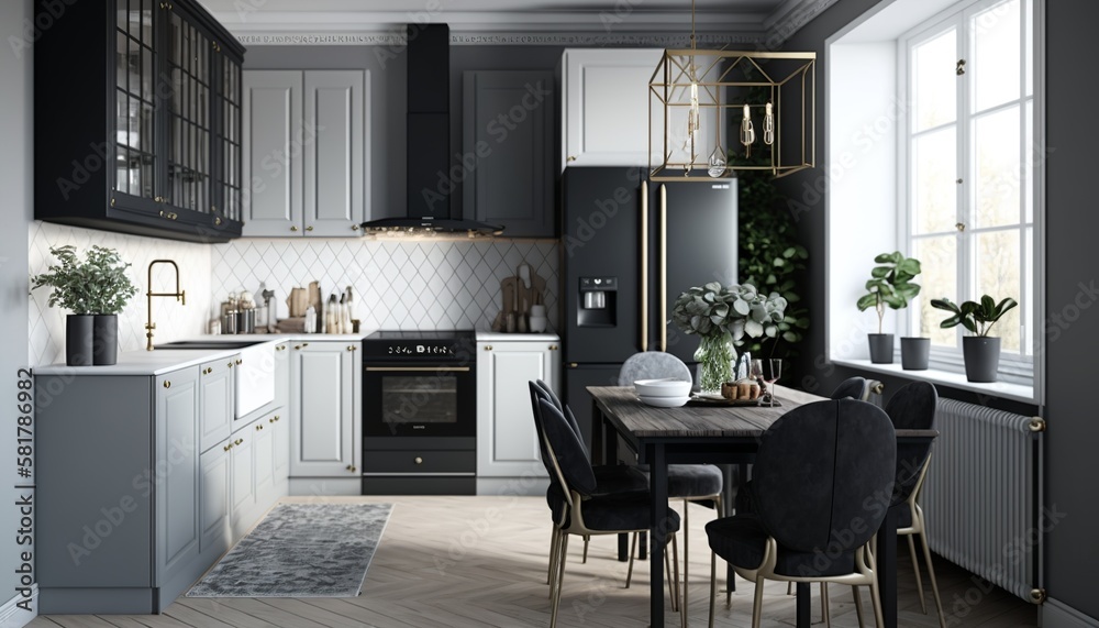 Scandinavian interior style luxury kitchen with dining table and fridge. Generative AI