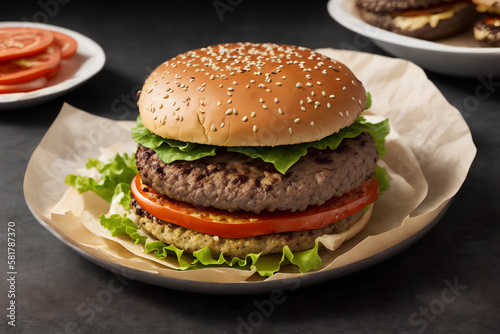 Hamburger on a plate, Fast food. Generative Ai