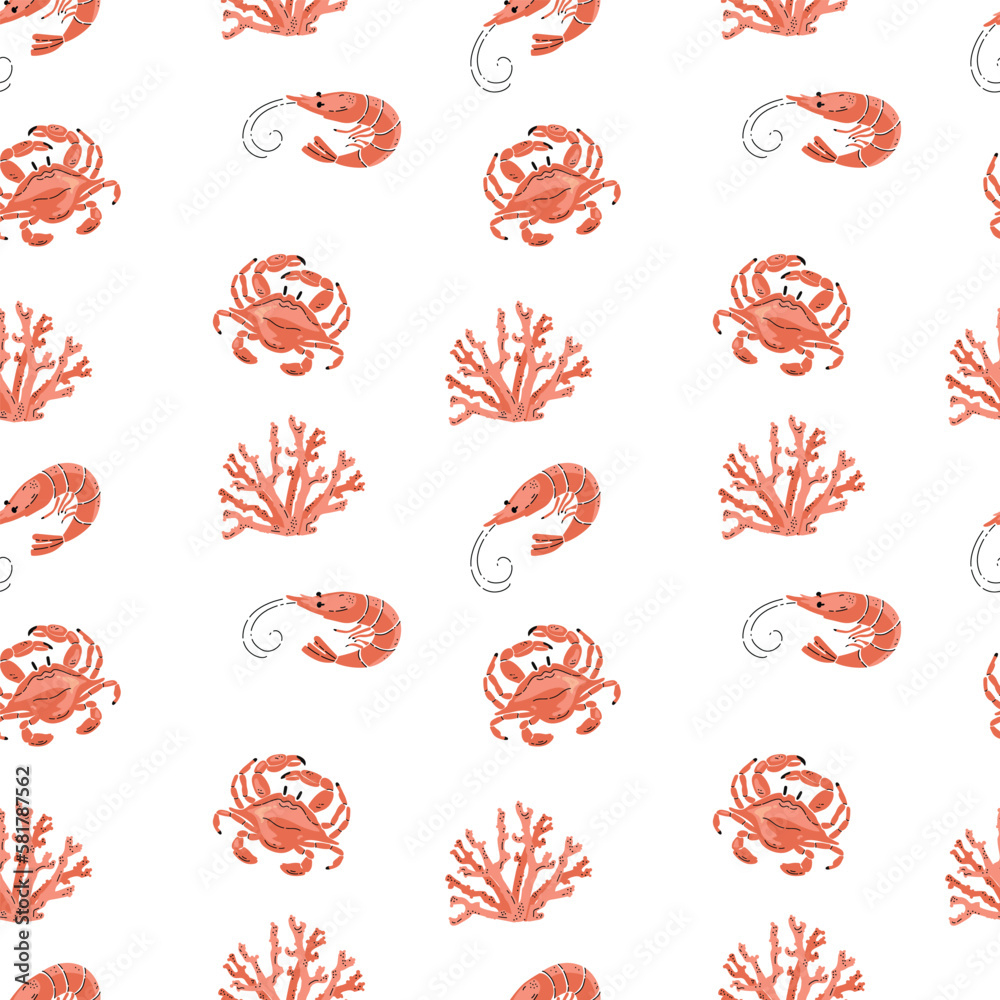 Pattern with sea crabs, corals and shrimps, flat style vector illustration. Pattern with sea crabs, corals and shrimps, flat style vector illustration.