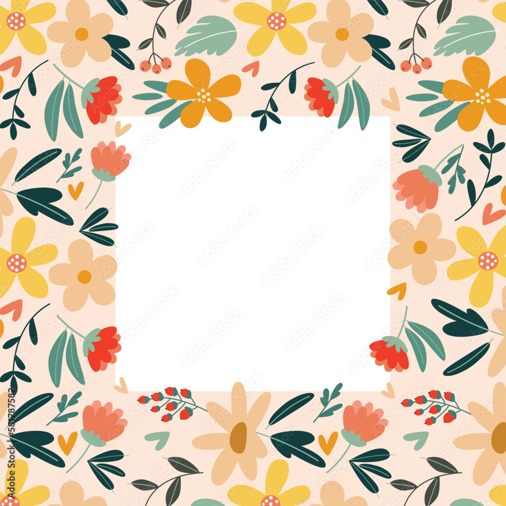 Frame with multi-colored flowers in a flat style on a light background.