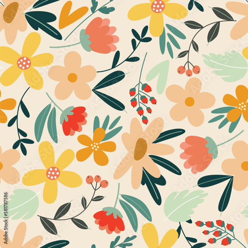 Seamless vector pattern with multicolored flowers in flat style on a light background.