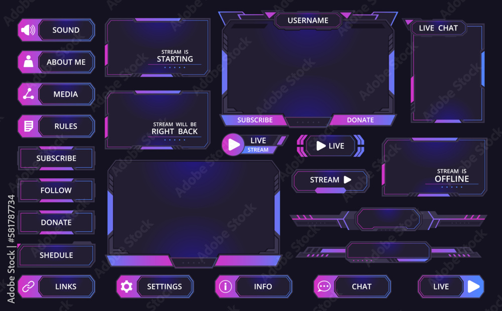 Game streaming interface elements. Gaming frames, bars and buttons, mmo game menu elements flat vector illustration set. Futuristic game stream dashboard icons