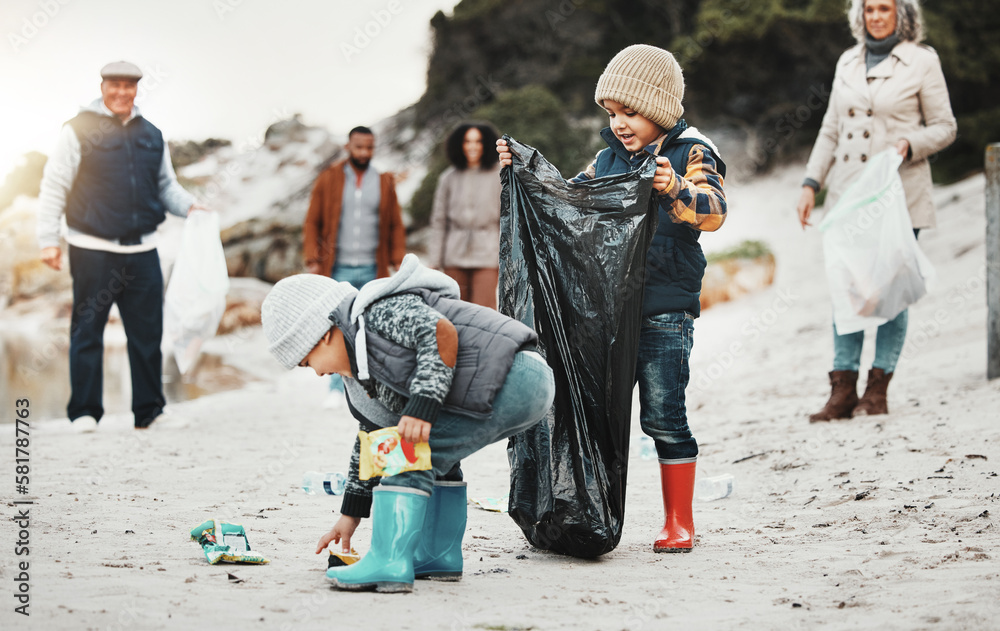 Beach cleaning, plastic and children, family or volunteer group in education, learning and community service. Happy people and kids help with waste, garbage or trash in climate change or pollution Beach cleaning, plastic and children, family or volunteer group in education, learning and community service. Happy people and kids help with waste, garbage or trash in climate change or pollution