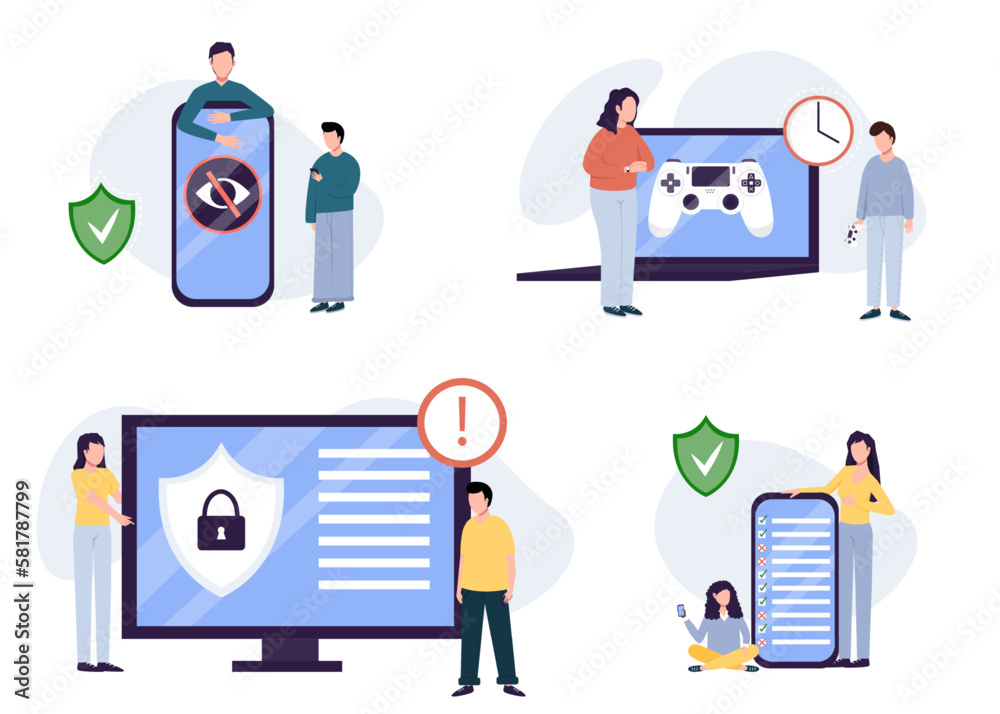 Parental control. Parental control software, parental advisory music, kids digital content metaphors. Vector isolated concept metaphor illustrations Parental control. Parental control software, parental advisory music, kids digital content metaphors. Vector isolated concept metaphor illustrations