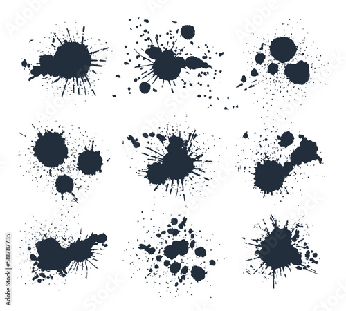Black paint drops. Ink splashes and spots  abstract ink splatters. Writing ink grunge drops silhouettes flat vector illustration collection