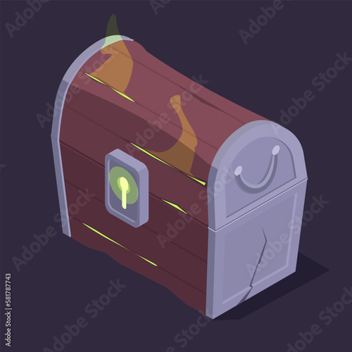 Isometric magic chest. Witchcraft alchemy treasures chest, halloween party 3d vector illustration