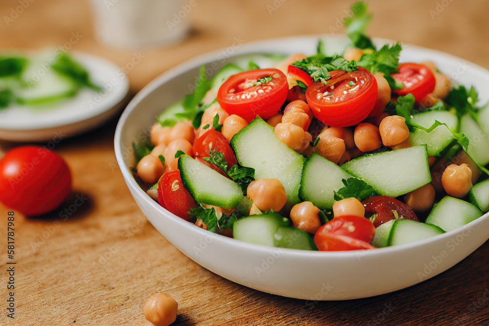 Bowl of chickpea salad with tomatoes and cucumbers created with Generative AI technology