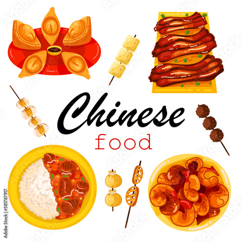 Chinese food set menu isolated on white background illustration vector. (Spring Rolls, Dim Sum, Wonton, Chow Mein, Sweet and Sour Chicken, Peking Duck).