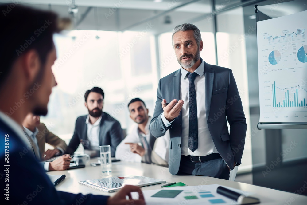 Professional presenting report to colleagues in meeting. Generative AI Professional presenting report to colleagues in meeting. Generative AI