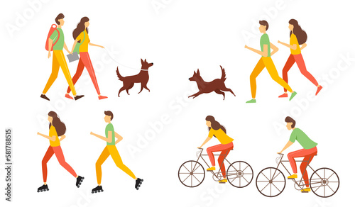 People doing various outdoor activities in spring. illustration in a flat style.