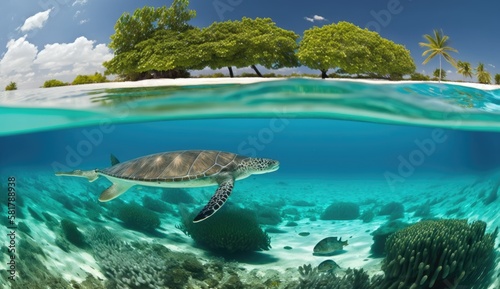 Snorkelling at HP reef. Amazing paradise islands of Maldives. Generative AI