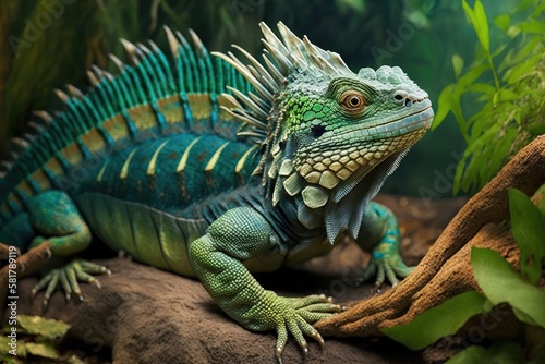 Native to tropical regions of Mexico, Central America, South America, and the Caribbean, iguanas are a genus of herbivorous lizards. Generative AI © AkuAku