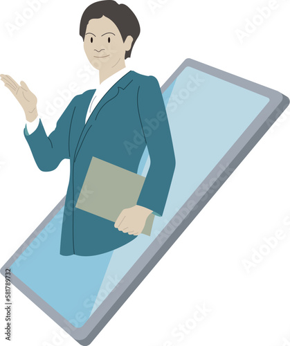 スマホからあらわれ案内するビジネスマン-線なし